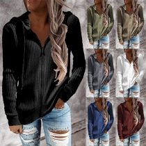 Fashion Solid Color Long Sleeve Hooded Front-zipper Knit Cardigan