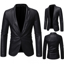 Fashion Long Sleeve Solid Color Slim Fit Man's PU Leather Jacket Suit Coat