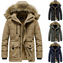 Fashion Solid Color Faux Fur Spliced Hooded Plush Lining Man's Padded Coat