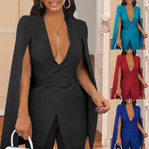 Sexy Deep V-neck Slit Long Sleeve Solid Color Slim Fit Suit Coat Blazer