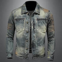 Fashion Contrast Color Patch Long Sleeve POLO Collar Single-breasted Man's Denim Coat