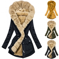 Fashion Solid Color Faux Fur Collar Long Sleeve Hooded Padded Coat