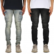 Fashion Middle Waist Side-pocket Man's Faded Jeans