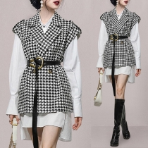 OL Style Long Sleeve High-low Hem Shirt Dress + Houndstooth Vest Two-piece Set