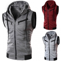 Casual Style Sleeveless Hooded Contrast Color Man's Vest