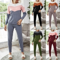 Fashion Contrast Color Long Sleeve Round Neck Knit Top + Pants Two-piece Set
