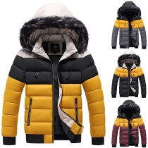 Fashion Faux Fur Spliced Hooded Long Sleeve Contrast Color Man's Warm Padded Coat