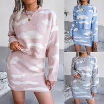 Cute Style White Cloud Pattern Long Sleeve Round Neck Knit Top + Skirt Two-piece Set