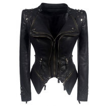 Retro Style Long Sleeve Irregular Hem Slim Fit Rivets PU Leather Jacket