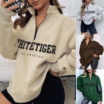 Casual Style Long Sleeve Stand Collar Letters Printed Sweatshirt