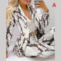OL Style Long Sleeve Double-breasted Printed Blazer + Pants Two-piece Set
