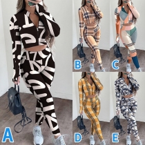 Fashion Long Sleeve Stand Collar Printed Crop Top + High Waist Legings Two-piece Set