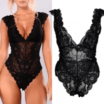 Sexy Backless Deep V-neck See-through Lace Bodysuit Lingerie