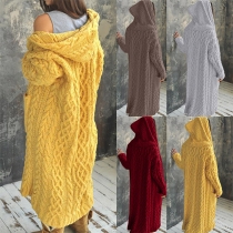 Fashion Solid Color Long Sleeve Hooded Loose Long-style Knit Cardigan