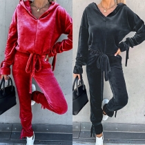 Fashion Solid Color Long Sleeve V-neck Hooded Sweatshirt + Pants Sports Suit