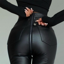 Fashion Solid Color High Waist Back Zip Slim Fit PU Leather Pants