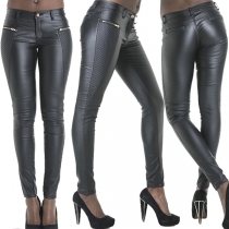 Fashion Zipper Low Waist Artificial Leather PU Fitted Pants