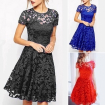 Fashion Solid Color Round Neck Short Sleeve Lace A-line Dress（Size Run Small）