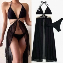 Sexy Solid Color Gauze Spliced Chain Halter Two-piece Bikini Set