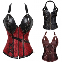 Vintage Artificial Leather PU Spliced Chain Lace-up Halter Croset（Size Run Small）