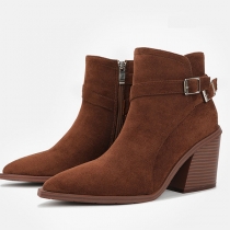 Retro Simple Strap Buckle Solid Color Ankle Booties