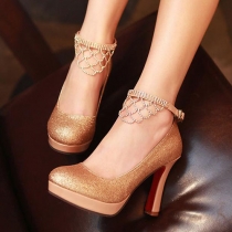 Bridal Court Shoes Glitter Stilettos Ankle Strap Rhinestones Platform Pumps 