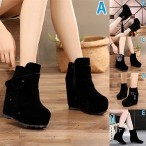 Fashion Rivets Round Toe Lace Up Wedge High-heeled Martin Boots Booties