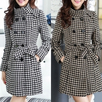 Classical Retro Plaid Mixing Color Double Breast Worsted Coat