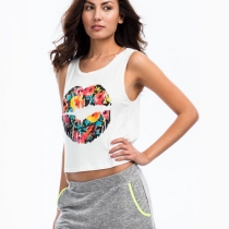 Floral Lip Print Cropped Tank Top Muscle Tee 