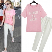 Casual Sweet Pink Blondie Letter Print Shirt with White Harem Pant Set 