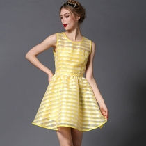 Elegant Round Neck Sleeveless See-through Yellow Dress