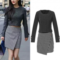 Fashion Long Sleeve Round Neck Woolen Tops + Houndstooth Skirt Two-piece Set