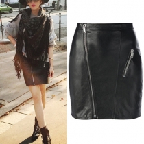 Fashion Solid Color PU Leather Zipper Bust Skirt