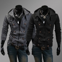 Fashion Solid Color Long Sleeve Double-breasted Hooded Men's Coat