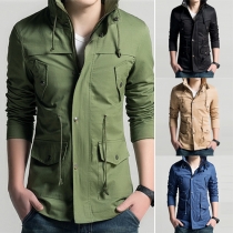 Trendy Solid Color Front Zipper Long Sleeve Stand Collar Slim Fit Men's Jacket