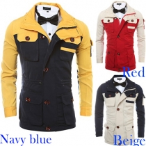 Fashion Contrast Color Front Zipper Single-breasted Lapel Long Sleeve Men's Jacket