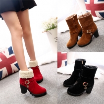 Fashion Round Toe Thick Heel Plush-lined Booties