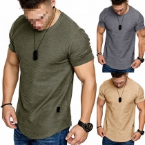 Fashion Round Neck Oblique Hem Men Short Sleeve Slim-fit T-shirt
