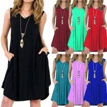 Fashion Solid Color Sleeveless V-neck Loose Dress