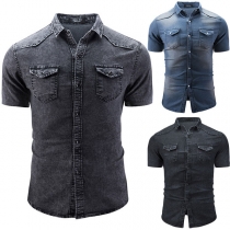 Fashion Lapel Solid Color Short Sleeve Single-breasted Pockets Man's Denim Shirt