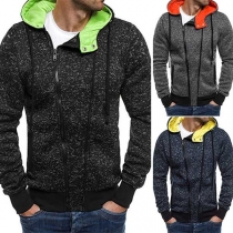 Fashion Contrast Color Hooded Oblique Zipper Men's Sweatshirt Coat