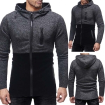 Fashion Contrast Color Long Sleeve Zipper Multi Pockets Men's Hooded Sweatshirt 
