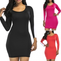 Fashion Contrast Color Long Sleeve Round Neck Tight Dress