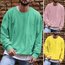 Fashion Solid Color Long Sleeve Round Neck Ripped Men's Sweatshirt