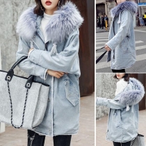 Fashion Long Sleeve Faux Fur Spliced Hooded Denim Coat