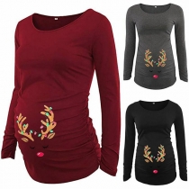 Cute Antlers Printed Long Sleeve Round Neck Maternity T-shirt