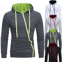 Fashion Contrast Color Long Sleeve Oblique Zipper Men's Hooded Sweatshirt