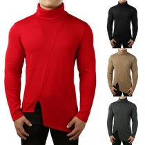 Fashion Solid Color High Neck Long Sleeve Irregular Slit Hemline Men's Sweater