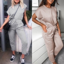 Fashion Solid Color Short Sleeve Round Neck Top + Pants Two-piece Set