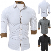 Fashion Contrast Color Long Sleeve POLO Collar Men's Shirt